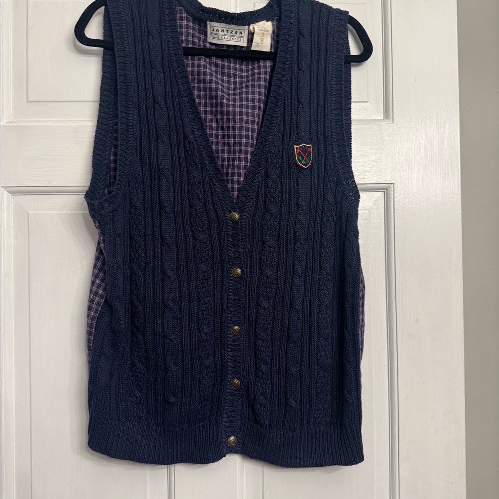 Navy Cable Knit Vest with Plaid Lining